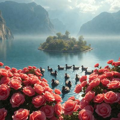 The primary subject of the image is a group of ducks swimming in a body of water, surrounded by a beautiful landscape. The setting includes a mountainous background, adding to the serene atmosphere. The visual style of the image is a combination of photo and digital art, creating a realistic yet artistic representation of the scene. The colors and mood of the image are predominantly pink, with the presence of pink flowers and the water, giving the scene a warm and inviting feel.